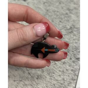 Native Sterling Silver Reversible Spirit Bear Pendant Turquoise Coral Black Onyx